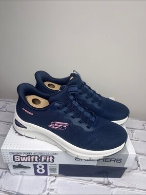 Skechers Navy Mesh Slip-On Sneakers with Pink Logo Accent